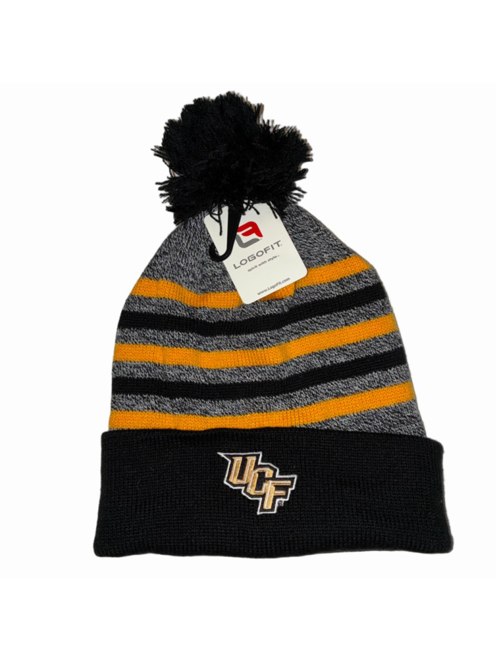 Men's Logofit UCF Pom Beanie Hat One Size Black Gold Striped NWT